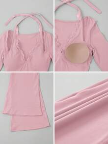 NcmRyu 1件舒适休闲圆领阔腿直筒塑形提拉长袖连体裤粉色春季 - 粉色 - 查看 4