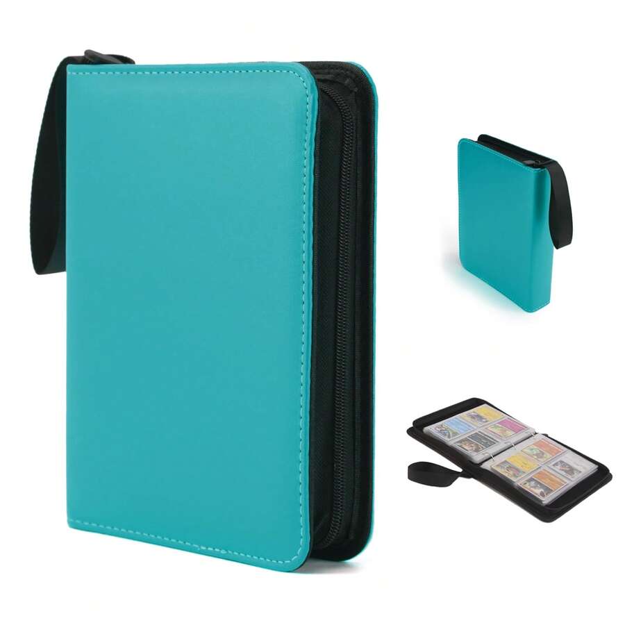 4 Pocket Trading Card Binder -Zipper PU Cover Card Album, Sturdy 360 Loading Holder For MTG, TCG & Sports Cards - Turquoise - Màu xanh lam - Xem 1