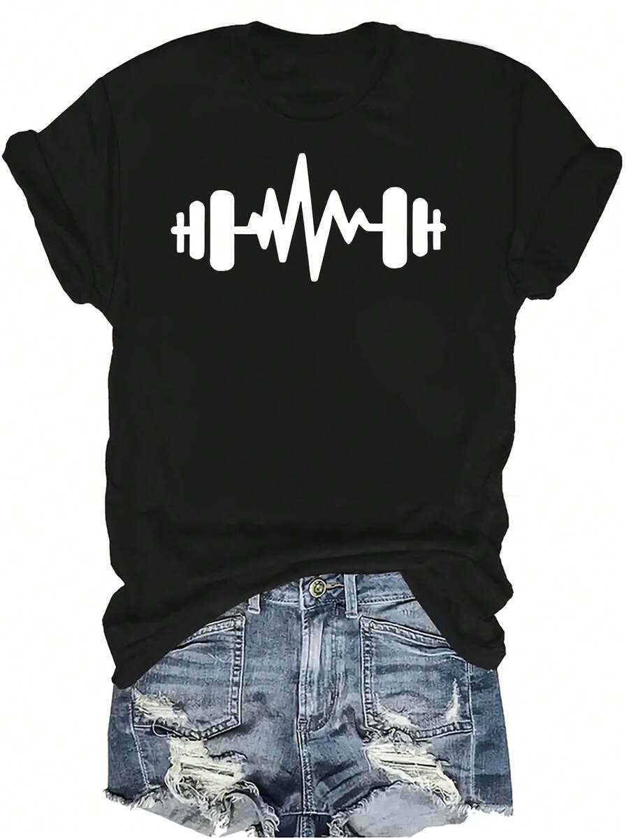 Camiseta con estampado de pesas con forma de latido del corazón, unisex, de verano, casual, transpirable, de personalidad, de cuello redondo, de manga corta, ropa de calle, versátil, adecuada para adolescentes y adultos - Negro - Ver 1