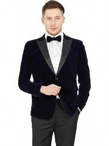 2026 Men's Casual Blazer & Pant Set  Men's 2 Piece Velvet Suit Peak Lapel One Button Slim Fit Tuxedo Blazer Party Dinner Jacket & Pants Relaxed Stretch Fit For Smart Casual Events - 海軍藍峰形翻領 - 查看 3