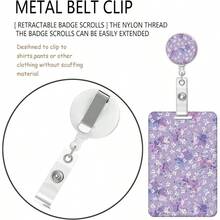ID Badge Holder With Retractable Badge Reel Clip And Lanyard Cute Card Name Lanyard Vertical ID Protector Bage Clips Nurse Doctor Teacher StudentPurple Flowers - Purple Flowers - View 5