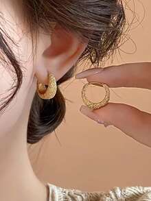 1 Cặp bông tai tròn nhỏ bằng đồng thanh lịch, tối giản, đa năng, sang trọng dành cho nữ, thích hợp cho việc đi lại hàng ngày - Vàng - Xem 2