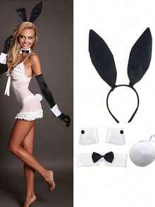 5 件套兔子服装套装 - 兔耳头带、腕带和兔尾巴配饰，成人万圣节兔子服装，动物派对角色扮演，兔子配饰套装，适合主题派对和活动，角色扮演道具，万圣节装饰，角色扮演派对，非常适合节日派对、舞会和万圣节、复活节派对，