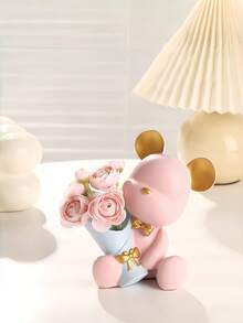 1pc Bear Figurine, Home Living Room Decor, Entryway Decor Small Bear Holding Flower Ornament, Living Room Storage Decor Home Decor Vase Flower Vase Glass Vase