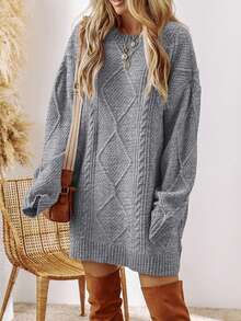 Acelitt Autumn/Winter Women's Solid Color Knitted Textured Pattern Dropped Shoulder Oversized Sweater Dress, Order One Size Down - Grey - View 4