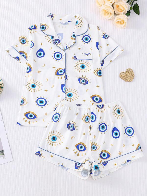 2pcs/Set Women Plus Size Cool Light Blue Eye Print Pajama Set, Soft Short Sleeve Shirt With Collar & Button, And Elastic Waist Shorts, Stylish Sleepwear For Daily, Holiday Party, Casual Home & Outdoor Wear