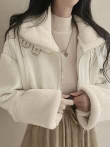 百搭复古仿羊羔绒和麂皮长袖外套，冬季 - 杏色 - 查看 2