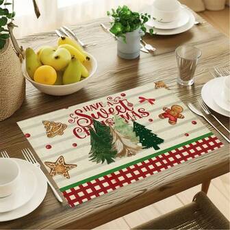 4-Piece Set Of Christmas Placemats, 30x45 Cm - Red Checkered Striped Table Mat With Snowflakes, Christmas Tree, Gingerbread Man, And "Merry Christmas" - Kitchen Dining Decorations For Holiday Parties And Family Gatherings, Christmas Table Decorations, Home Christmas Decorations, Christmas Rectangular Table Placemats, Seasonal Home Decorations, High-Quality Fabrics, Home Entertainment Products.