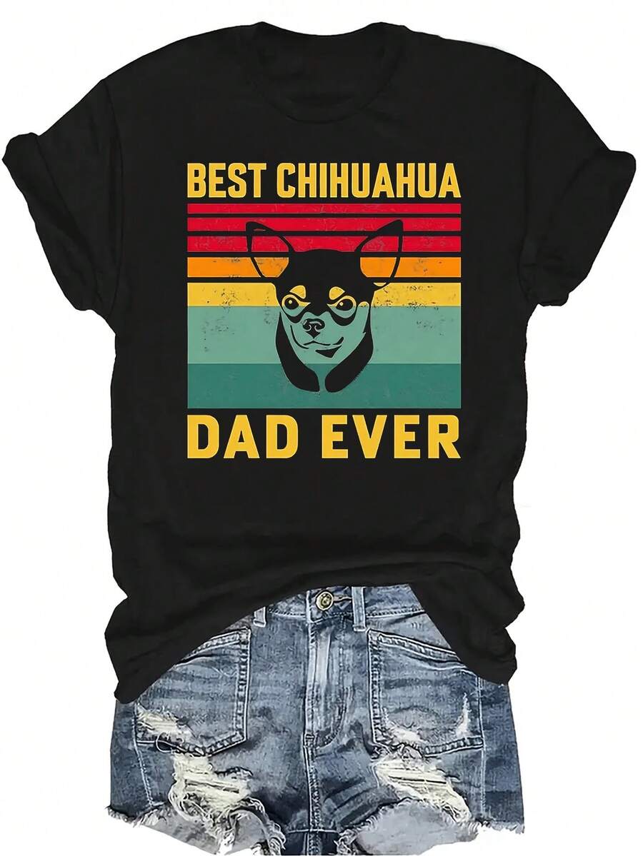 Mejor camiseta de papá Chihuahua Camiseta unisex de verano casual y transpirable con cuello redondo, manga corta, estilo callejero y versátil, adecuada para adolescentes y adultos - Negro - Ver 1