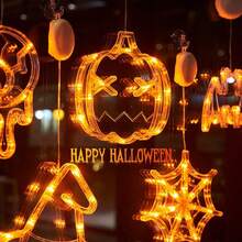Luces LED de ventana de diseño múltiple para Halloween - Juego de decoración con ventosas y batería, con calabazas naranjas, arañas, ojos de fantasma y sombreros de bruja para crear una atmósfera espeluznante en interiores/exteriores. Decoración para Halloween, Navidad, Acción de Gracias, bodas, hogar, otoño, cumpleaños, fiestas, jardín, festivales y adornos de Halloween.