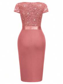 MIUSOL Sequin Lace Sweetheart Neck Cap Sleeve Ruffle Trim Cocktail Party Bodycon Dress - Bụi hồng - Xem 8