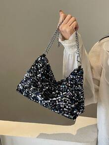 1 件绗缝拉链封口 PVC 亮片托特包，大容量闪亮腋下包，时尚链条单肩斜挎包，适合女性外出、度假、聚会、宴会 - 彩色 - 查看 7