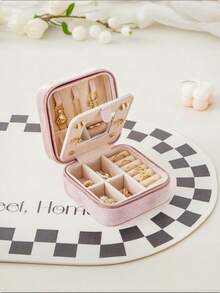 6/1 件天鹅绒拉链旅行首饰盒,带镜子的迷你首饰盒,小型便携式首饰收纳盒,用于戒指、耳环、项链的紧凑型首饰盒,天鹅绒首饰收纳盒 - 彩色 - 查看 8