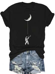 Camiseta de astronauta unisex, de verano, casual, transpirable, con cuello redondo, manga corta, estilo urbano, versátil, adecuada para adolescentes y adultos - Negro - Ver 1