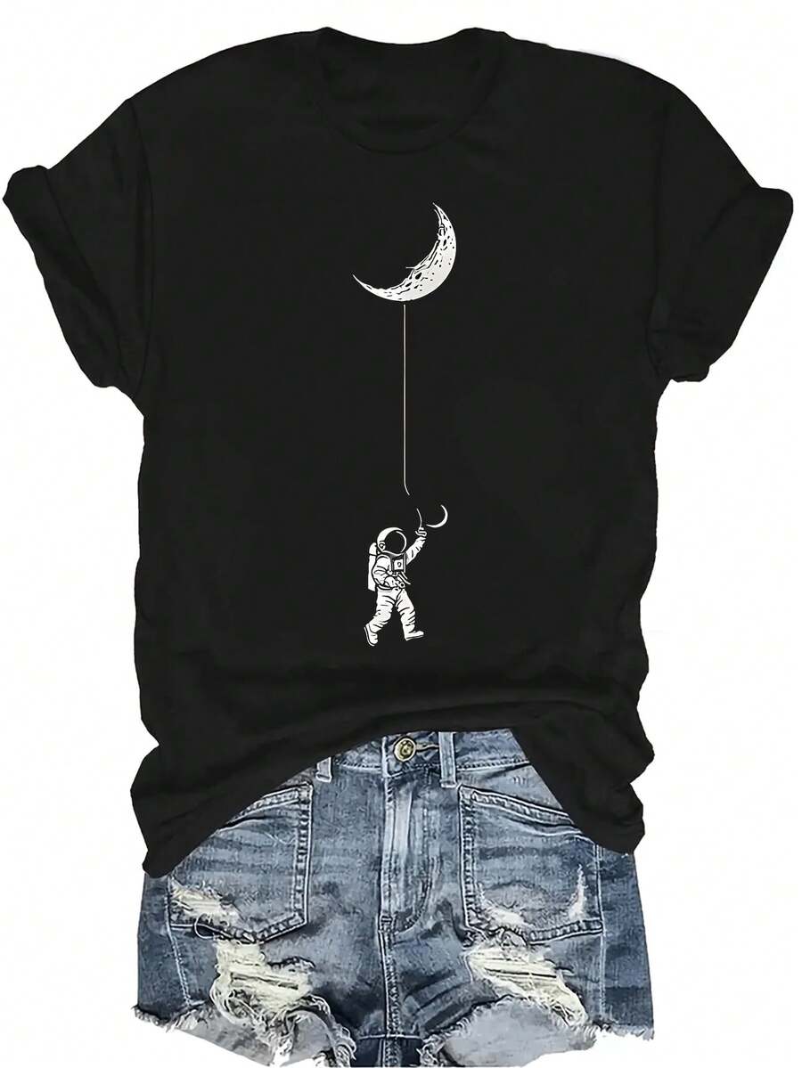 Camiseta de astronauta unisex, de verano, casual, transpirable, con cuello redondo, manga corta, estilo urbano, versátil, adecuada para adolescentes y adultos - Negro - Ver 1
