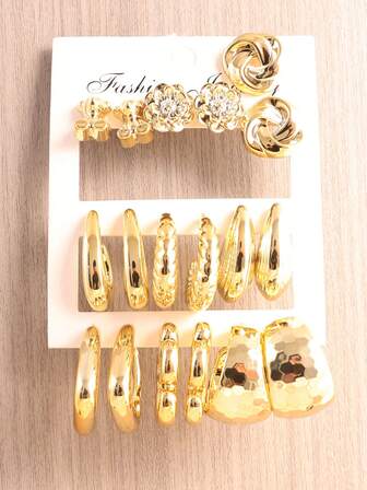 9 Pairs Fashionable European & American Style Gold Earrings Set, Gift For Women & Girls, Suitable For Daily, Party, Travel