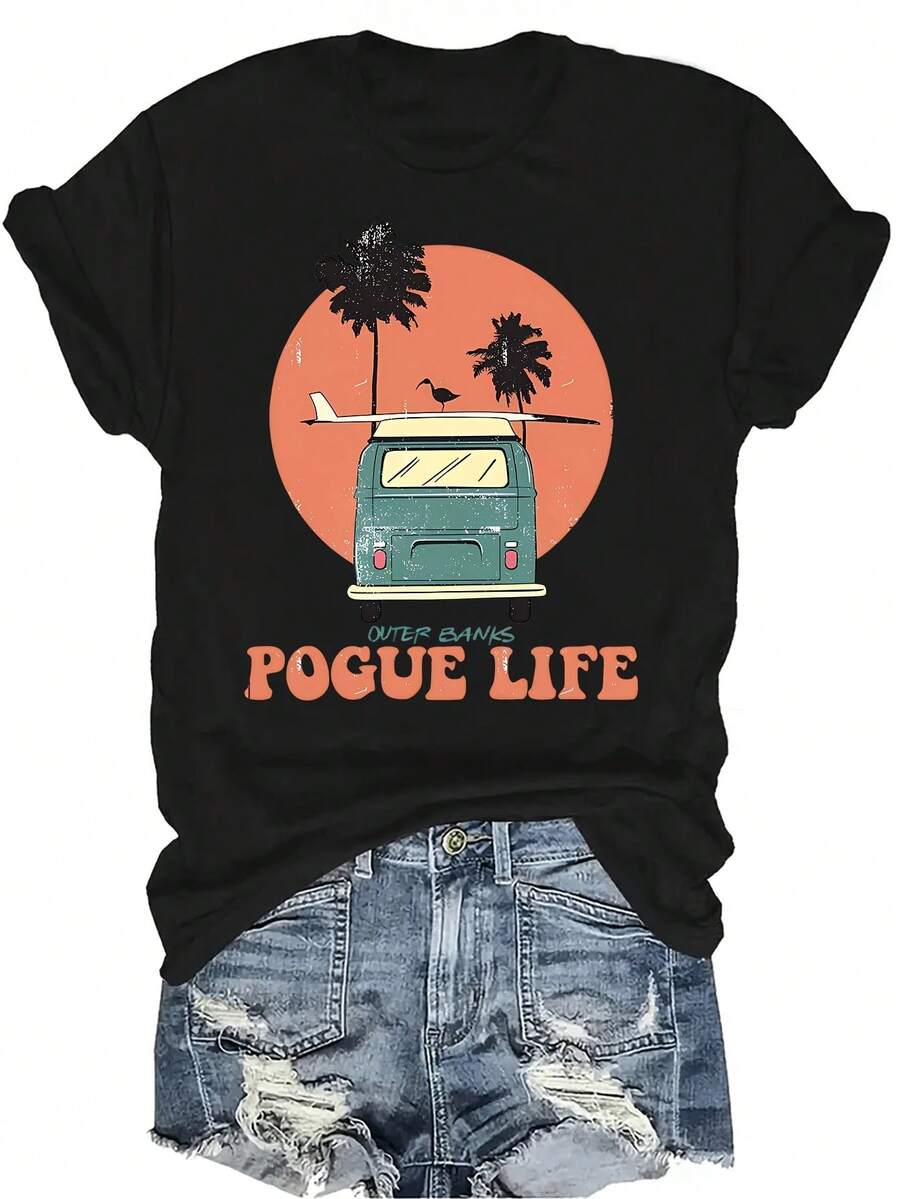 Camiseta Pogue Life de O-Uter Banks, unisex, de verano, casual, transpirable, con personalidad, cuello redondo, manga corta, ropa de calle, versátil, adecuada para adolescentes y adultos - Negro - Ver 1