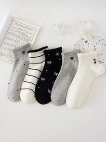 10pcs/6pcs Women's Cute Striped Bow, Polka Dot Pattern Ankle Socks, White Socks, Black Socks, Suitable For Daily And Casual Wear, 2pcs