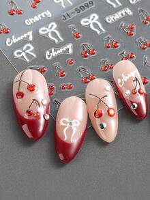 卡通樱桃爱心蝴蝶结浮雕美甲贴纸，水果图案指甲转印贴纸，亮面星星指甲贴花，适合女性沙龙美甲DIY用品 - 彩色 - 查看 10