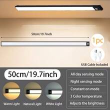 1 pieza Luz de gabinete con sensor de movimiento LED, 3 temperaturas de color (luz blanca, luz natural, luz blanca cálida) con brillo ajustable, luz de carga inalámbrica USB