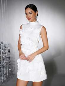 新款優雅女款 3D 花卉裝飾長袖蝴蝶結修身短款婚紗禮服 正式晚禮服 - 白色 - 查看 4