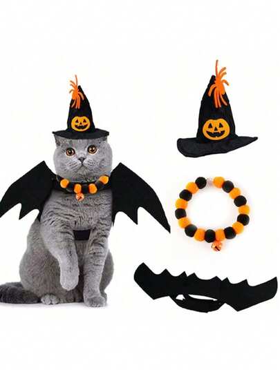 Regulowany kostium czarnego kota ze skrzydłami nietoperza – miękki poliestrowy dodatek na Halloween, odpowiedni dla kotów i małych psów, idealny do odgrywania ról i przebierania się na Halloween