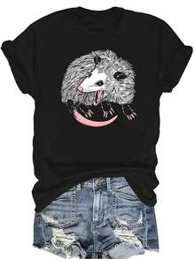 Camiseta con estampado de zarigüeya de dibujos animados, unisex, de verano, casual, transpirable, de personalidad, de cuello redondo, de manga corta, ropa de calle, versátil, adecuada para adolescentes y adultos - Negro - Ver 1