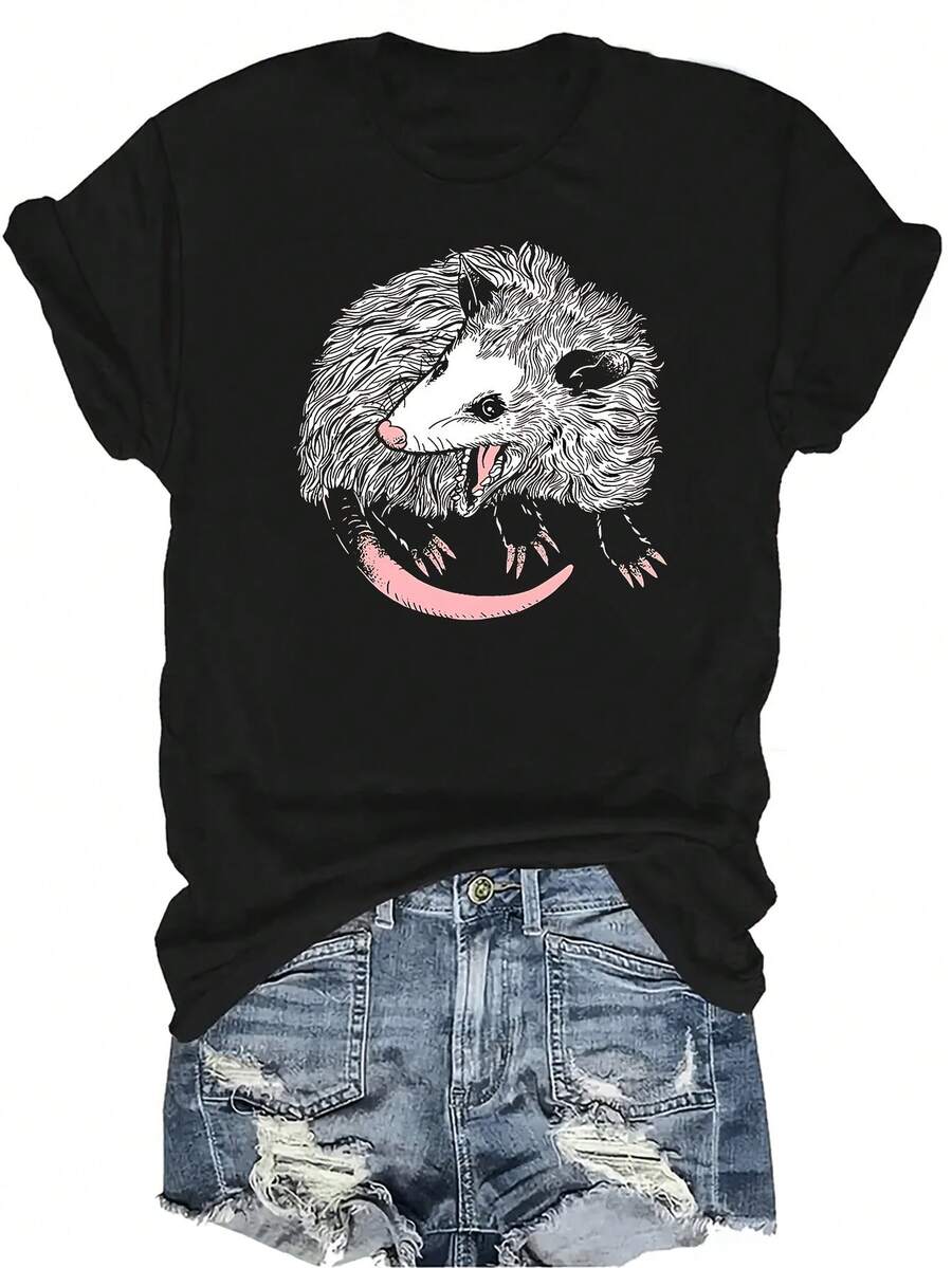 Camiseta con estampado de zarigüeya de dibujos animados, unisex, de verano, casual, transpirable, de personalidad, de cuello redondo, de manga corta, ropa de calle, versátil, adecuada para adolescentes y adultos - Negro - Ver 1