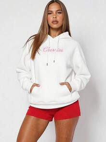 Women's Hoodie, Fleece-Lined Warm Pullover Sweatshirt With  Pocket, Loose Fit For Autumn & Winter - Soft Daily Outerwear, Bow & Cherry Print, Cute Casual Autumn Outfit, , Tops For Women Hot Outfits - White - View 4