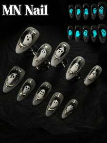 Halloween Glow-In-The-Dark Nail Art Set, Includes 10pcs Acrylic Nail Stickers, Medium Almond-Shaped Nails, Cute Ghost Black Nails, Handmade Gothic Nails, Full Cover False Nails, Gold Line Full Cover Acrylic Nail Sticker Set, Ideal For Halloween Party, Comes With Gel Stickers And Nail File. - Black and White - View 2