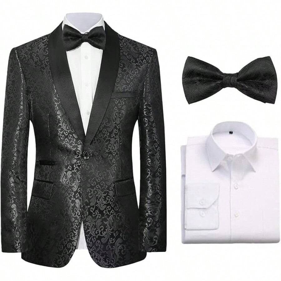 Men's Floral Dinner Party Prom Wedding Stylish Suits For Men One Button Dinner Jacket Pants Sethalloween - 黑色夾克 - 查看 1