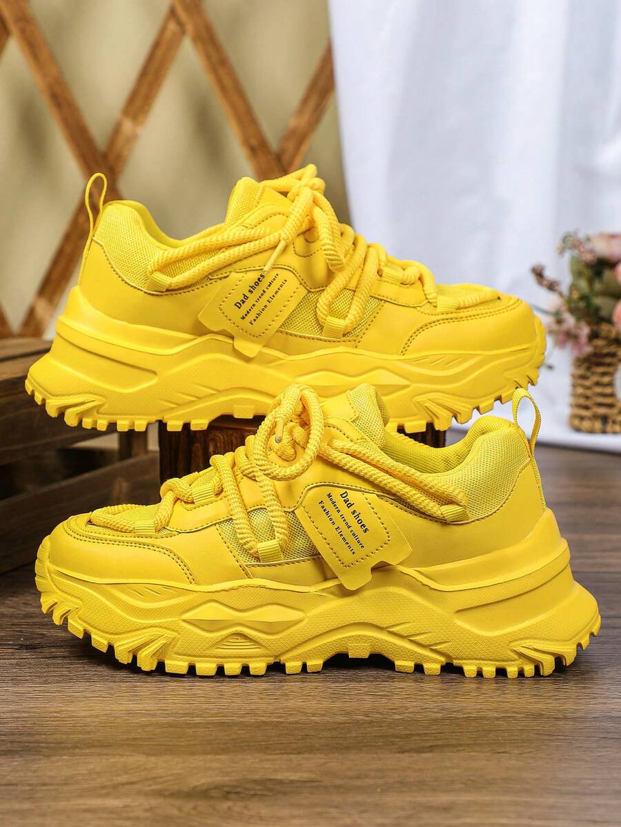 男士四季跑步鞋，百搭亮黄色个性化鞋面，男士运动休闲鞋，网眼透气厚底厚底运动鞋，户外、节日、派对礼物 - 黃色 - 查看 1