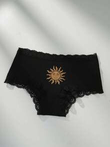 3pcs Gothic Style Sexy Underwear For Women, Sun, Star, Moon Multicolor Prints, Lace Patchwork, Comfortable & Silky, Lingerie