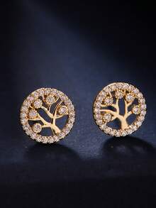 1 Pair Golden Metal Tree Of Life 5A Cubic Zirconia Hollow Elegant Earrings - Yellow Gold - View 3