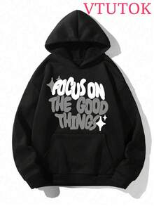 (2PC)Men's Casual Printed Hoodie And Sweatpants Set, Autumn And Winter Men's Sportswear, Men's Fashion  Sportswear With Printed  American Hip-Hop  With Personalized Patterns Focuson The Good Things - 黑色 - 查看 3