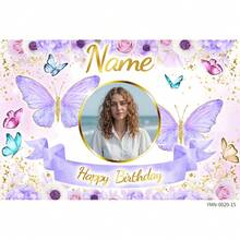 SuzanneHome Personalized Custom Photo Name Birthday Banner - Pink Butterfly Floral Gold Glitter Backdrop Background For Girls Women Happy Birthday Party Decor - Multicolor - View 9