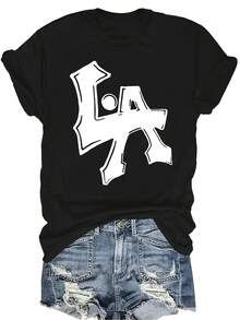 Camiseta con estampado de letra, unisex, de verano, casual, transpirable, con cuello redondo, de manga corta, ropa de calle, versátil, adecuada para adolescentes y adultos - Negro - Ver 1