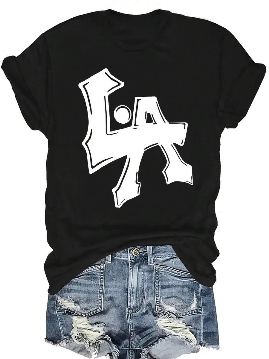 Camiseta con estampado de letra, unisex, de verano, casual, transpirable, con cuello redondo, de manga corta, ropa de calle, versátil, adecuada para adolescentes y adultos - Negro - Ver 1