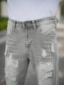Men's Outdoor Casual Straight Leg Distressed Blue Jeans, Autumn/Winter - Grey - View 5