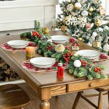 1 buc/4 buc/6 buc/60 buc Covorașe rotunde cu flori roșii de Crăciun, Covorașe din in de Crăciun, Covorașe rezistente la murdărie, Potrivite pentru casă, sufragerie și restaurant, Decor de masă, Articole pentru casă - Multicolor - Vizualizare 3