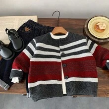 Korean Style Casual Striped Knit Cardigan For Toddler Boys, Loose Retro Sweater Jacket, Autumn 2025 New Arrival
