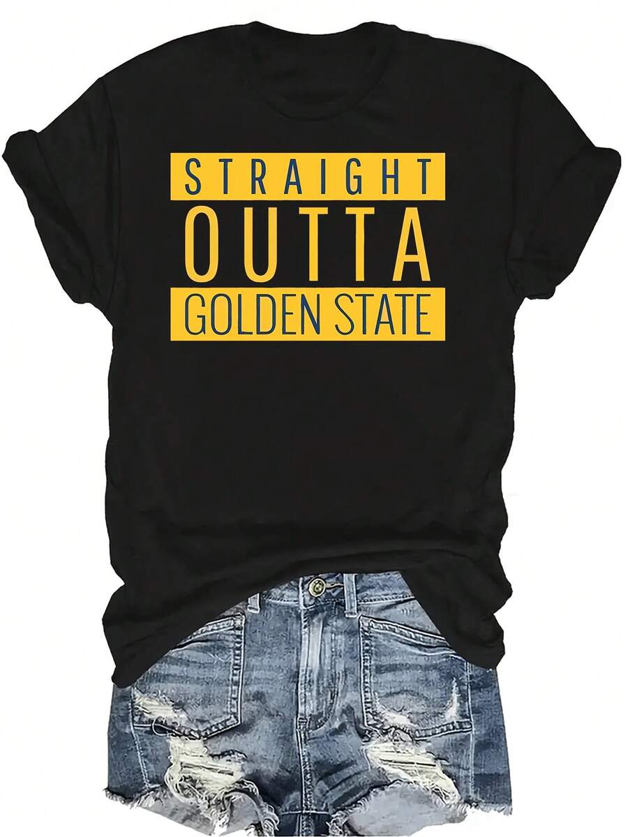 Camiseta de baloncesto "Straight Outta Golden State" unisex, de verano, casual, transpirable, con personalidad, cuello redondo, manga corta, ropa de calle, versátil, adecuada para adolescentes y adultos - Negro - Ver 1