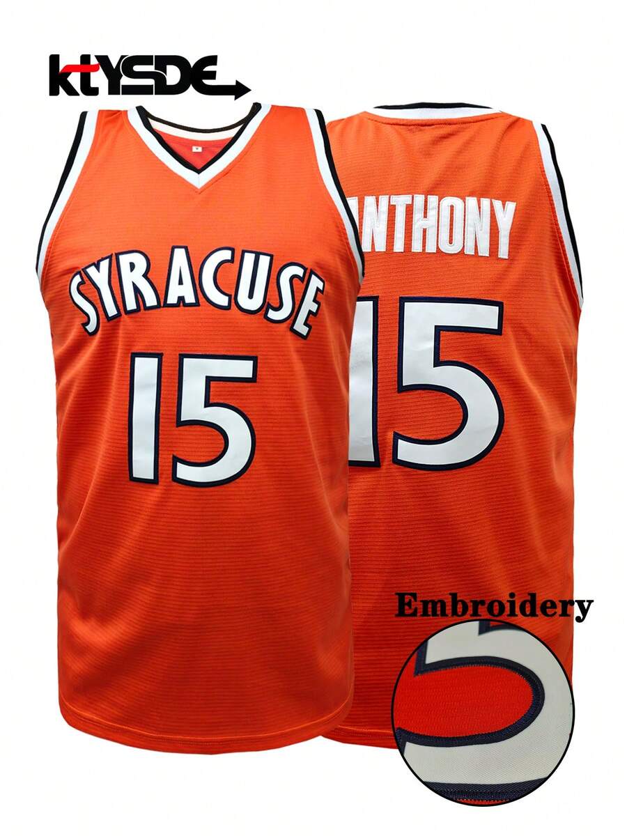 KTYSDE Men's #15 Syracuse Orange Embroidered Basketball Jersey, Loose Fit Sleeveless V-Neck Tank Top, Suitable For Basketball, Sports, Running, Gym, Streetwear, - Orange - View 1
