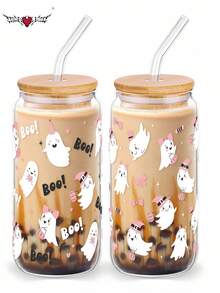 Cartoon Ghost Halloween Glass Straw Cup, Coffee Glass Cup, Beverage Juice Cup, Water Cup - Best Choice For Gifts To Friends!