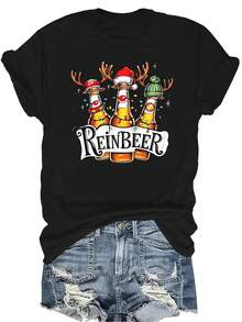 Camiseta de fiesta navideña de cerveza, unisex, de verano, casual, transpirable, de personalidad, de cuello redondo, de manga corta, ropa de calle, versátil, adecuada para adolescentes y adultos - Negro - Ver 1
