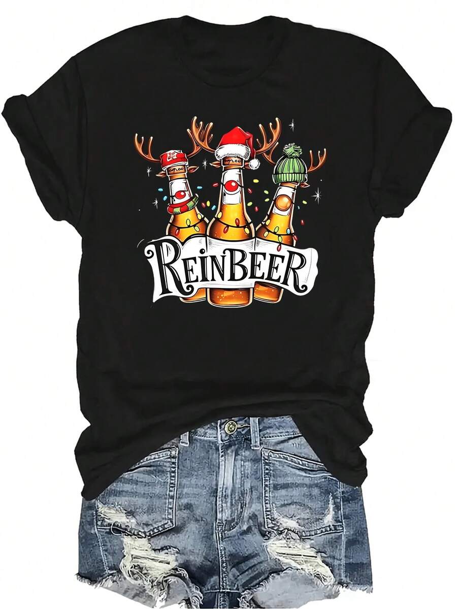 Camiseta de fiesta navideña de cerveza, unisex, de verano, casual, transpirable, de personalidad, de cuello redondo, de manga corta, ropa de calle, versátil, adecuada para adolescentes y adultos - Negro - Ver 1