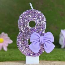 1 件闪亮紫色闪光蜡烛，配有奢华蝴蝶结装饰，生日派对婚礼装饰 - 淺紫領結 - 查看 13
