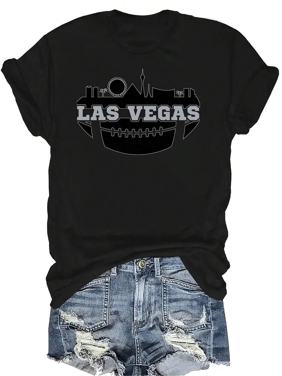 Camiseta de aficionado con diseño de balón de fútbol y skyline de Las Vegas, unisex, de verano, casual, transpirable, de cuello redondo, de manga corta, de estilo urbano, versátil, adecuada para adolescentes y adultos - Negro - Ver 1