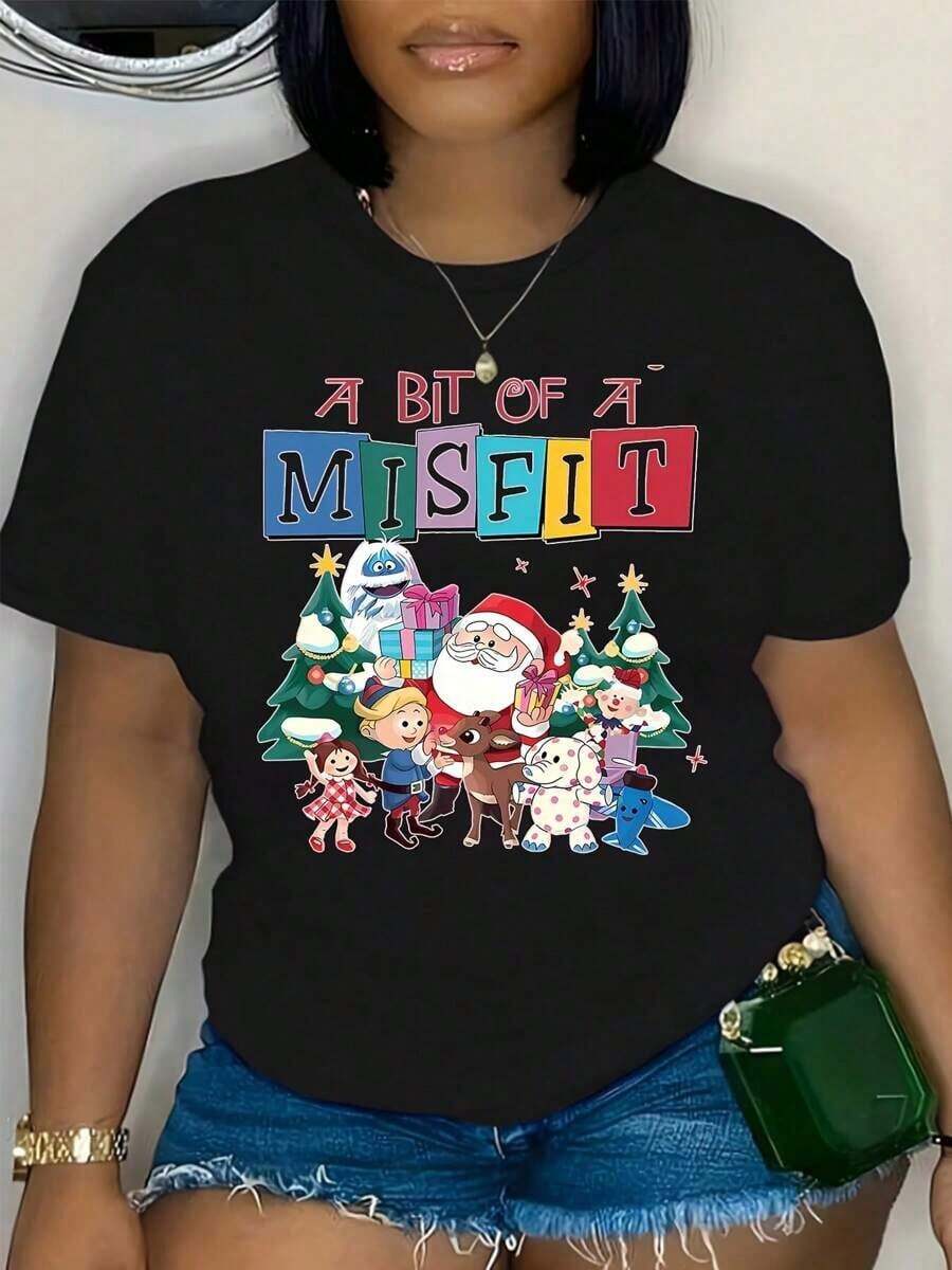 Women's Christmas MISFIT Graphic T-Shirt - Santa & Reindeer Print Short Sleeve Crewneck Top,Machine Washable Casual Summer Spring Tee, Christmas Tshirt, Festive Seasonal Clothing, Comfortable Fit Shirt,Women's Plus Size T-Shirts100% Heavy Cotton Hoodie - màu đen - Xem 1