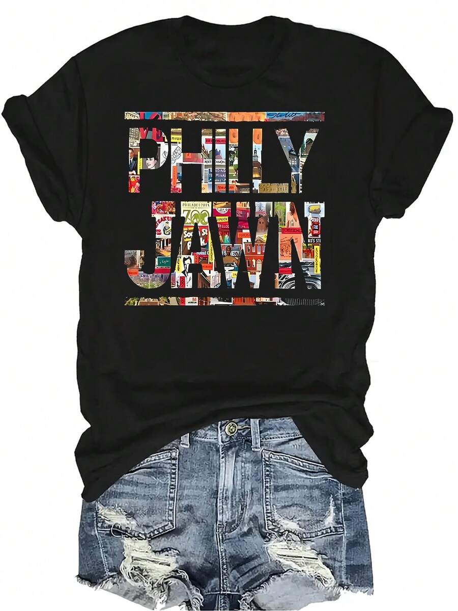 Camiseta Philly Jawn Unisex, de verano, casual, transpirable, con personalidad, cuello redondo, manga corta, ropa de calle, versátil, adecuada para adolescentes y adultos - Negro - Ver 1
